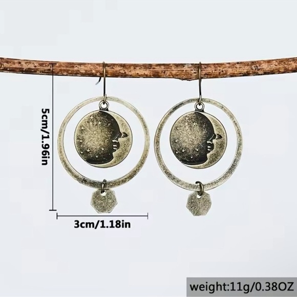 Gothic Vintage Ethnic Bronze Brushed Moon Hollow Round Earring - Picture 3 of 5